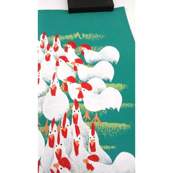 VTG Chinese Folk Art Farmer White Chicken Painting 21 1/2" x 15 1/4" Farm Decor - Picture 5 of 16